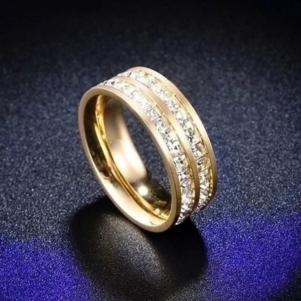 Gold Tone Titanium Steel Band Ring with Clear‎ Crystal Accents Double Row Size 5